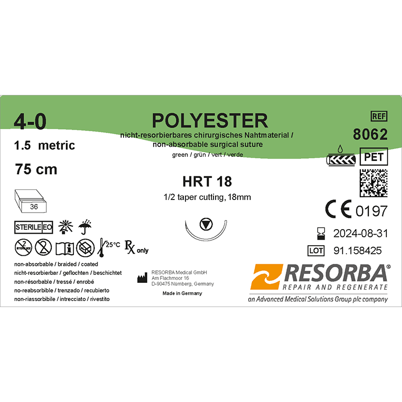 Поліестер USP4-0 зелений, 75см, колюча голка з ріжучими вістрям 18мм, 1/2 кола